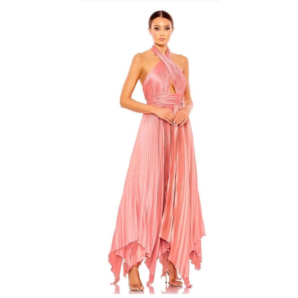 NWT Mac Duggal 11302 Rose Pink Pleated Halter Neck Asymmetrical Hem Gown Size 6